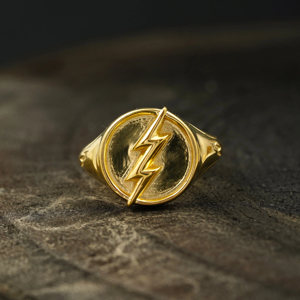 Flash Design 14k Solid Gold Mens Signet Ring - Gigiscc