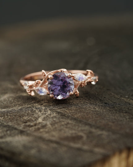 Leaf Band Round Alexandrite And Moonstone Engagement Ring