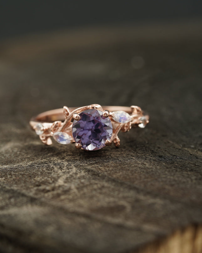 Leaf Band Round Alexandrite And Moonstone Engagement Ring