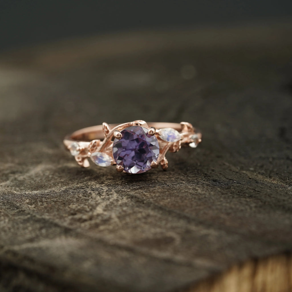 Round Alexandrite & Moonstone Inspired Leaf Design Engagement Ring - Gigiscc