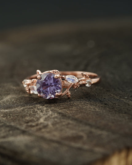 Leaf Band Round Alexandrite And Moonstone Engagement Ring