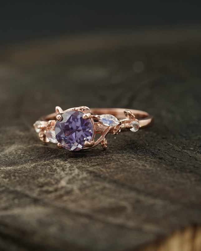 Leaf Band Round Alexandrite And Moonstone Engagement Ring