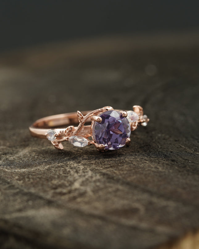 Leaf Band Round Alexandrite And Moonstone Engagement Ring Right Angle