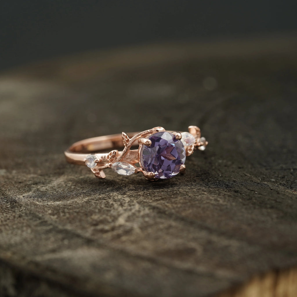 Round Alexandrite & Moonstone Inspired Leaf Design Engagement Ring - Gigiscc