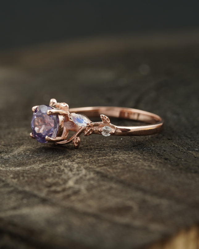 Leaf Band Round Alexandrite And Moonstone Engagement Ring Left Angle