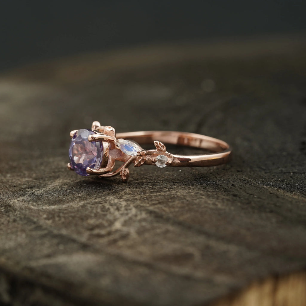 Round Alexandrite & Moonstone Inspired Leaf Design Engagement Ring - Gigiscc