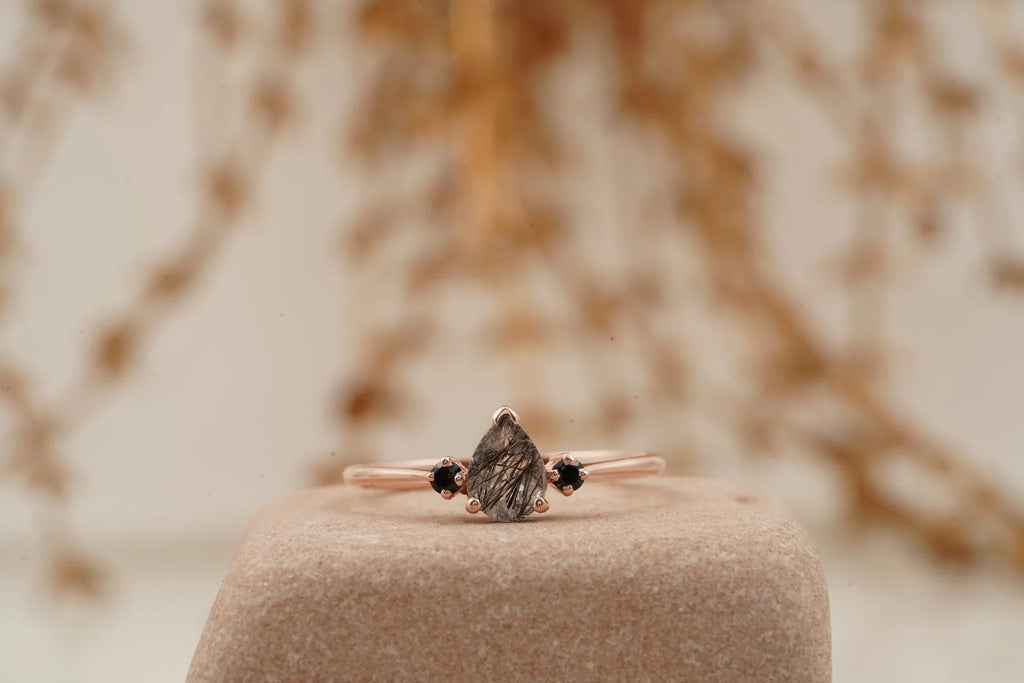 Black Rutilated Quartz Pear Three Stone Ring - Gigiscc