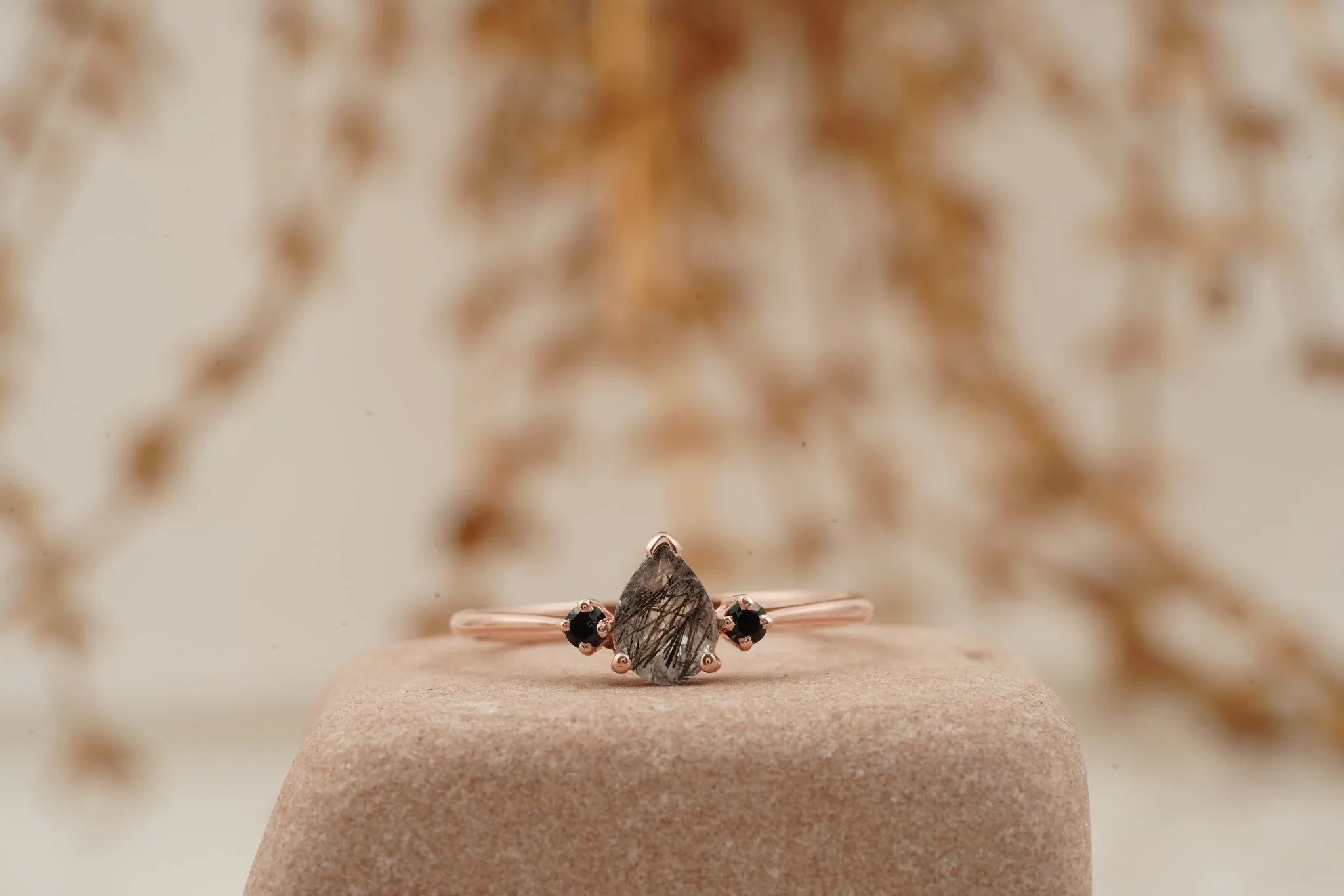 Black Rutilated Quartz Pear Three Stone Ring - Gigiscc