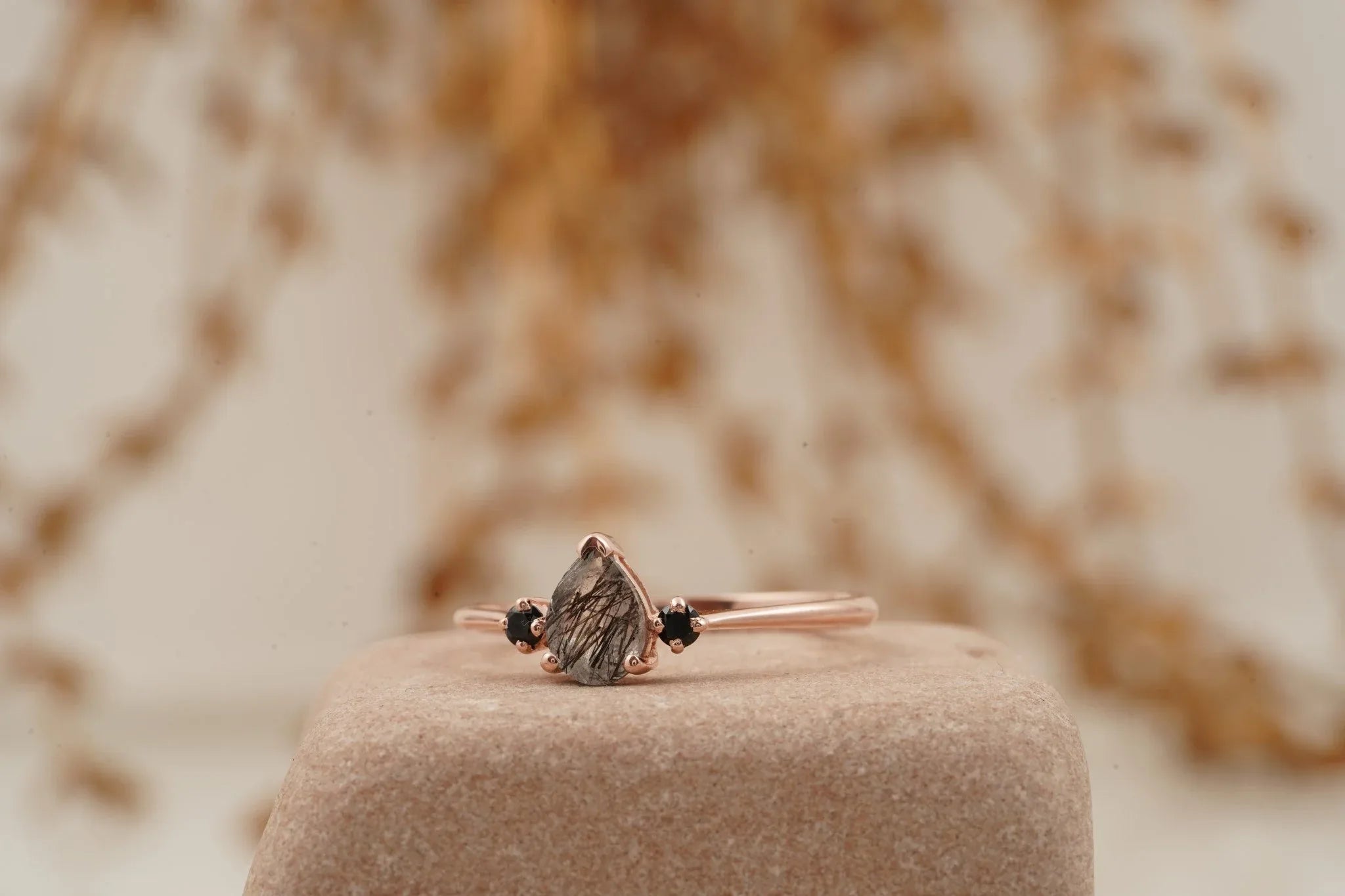 Black Rutilated Quartz Pear Three Stone Ring - Gigiscc