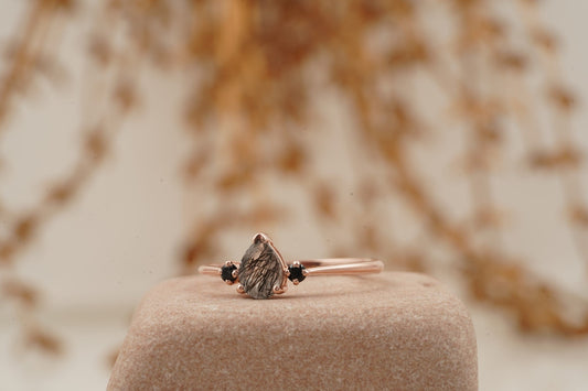 Black Rutilated Quartz Pear Three Stone Ring Left Angle