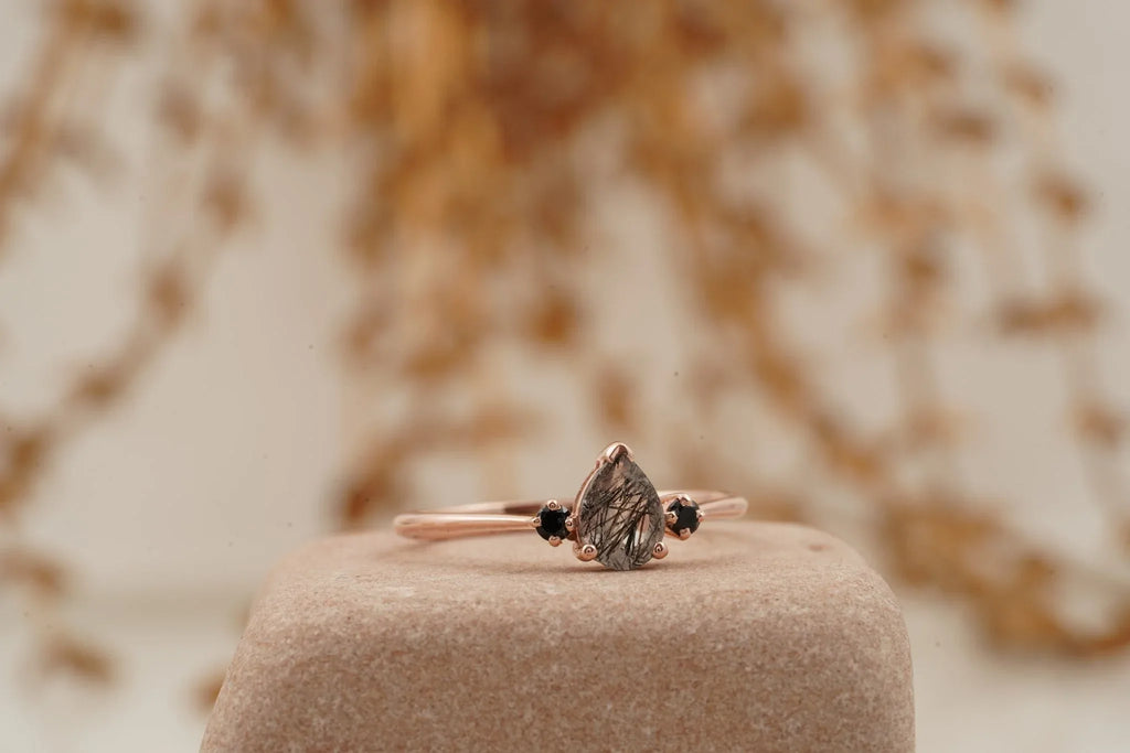 Black Rutilated Quartz Pear Three Stone Ring - Gigiscc