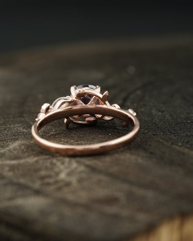Leaf Band Round Alexandrite And Moonstone Engagement Ring Back SIde
