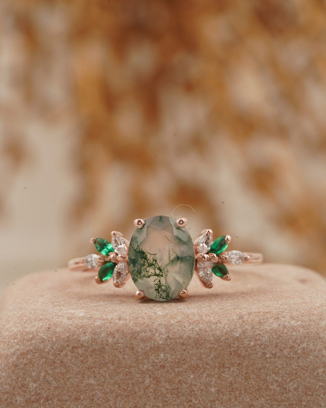 Oval Moss Agate Marquise Emerald And CZ Engagement Ring