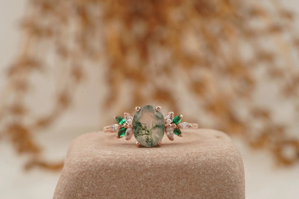 Oval Moss Agate Marquise Emerald And CZ Engagement Ring - Gigiscc
