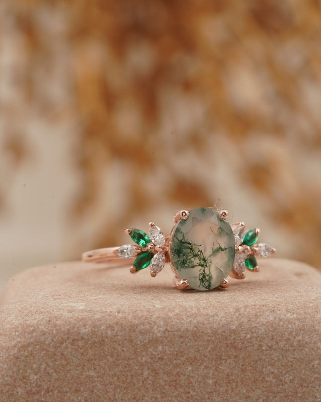 Oval Moss Agate Marquise Emerald And CZ Engagement Ring Right Position 
