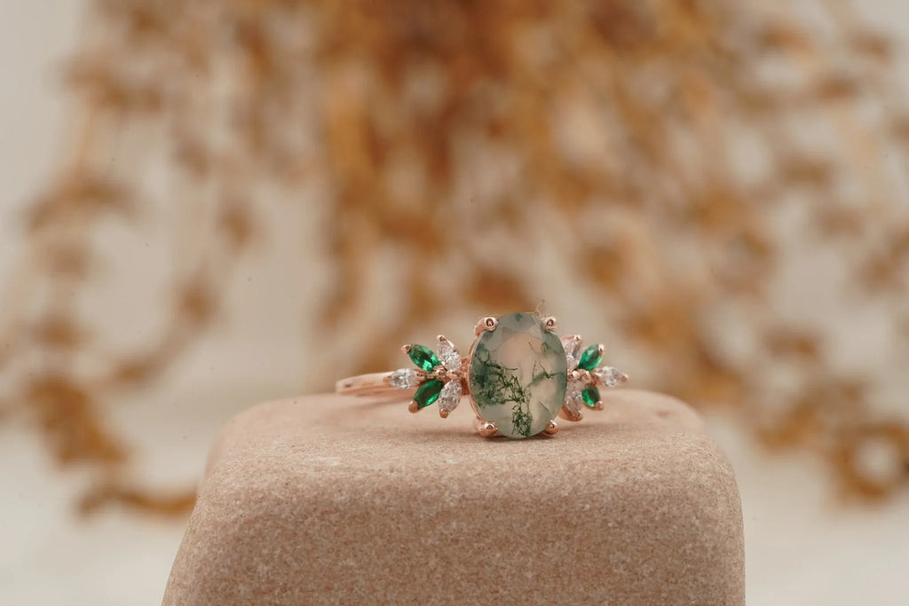 Oval Moss Agate Marquise Emerald And CZ Engagement Ring - Gigiscc