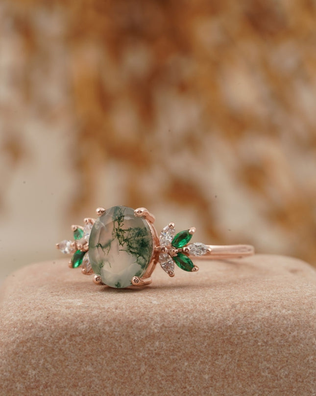Oval Moss Agate Marquise Emerald And CZ Engagement Ring Left Position