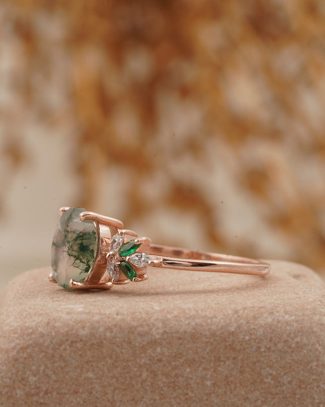Oval Moss Agate Marquise Emerald And CZ Engagement Ring Round