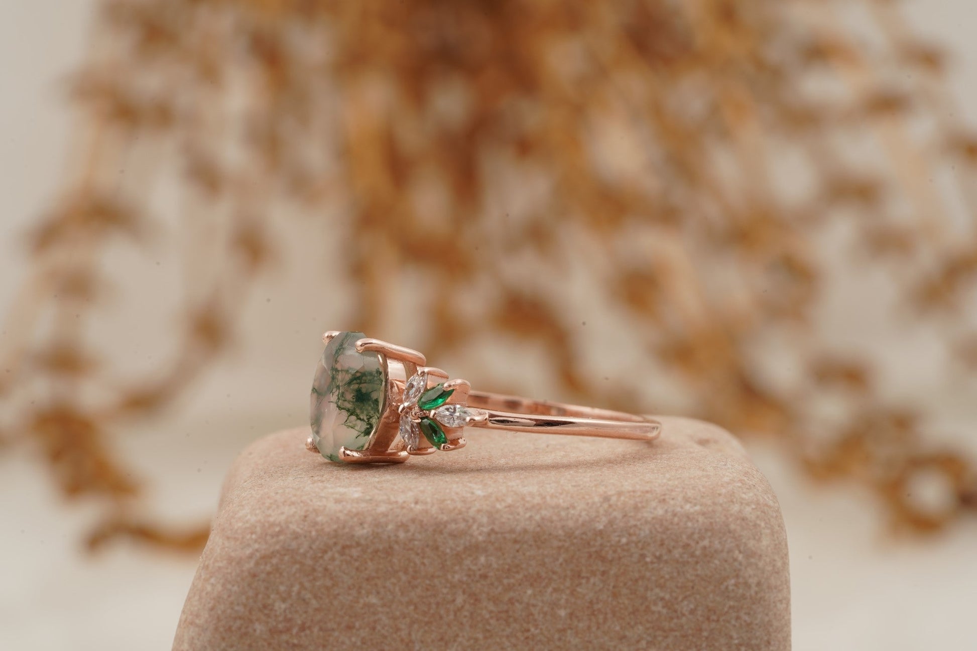 Oval Moss Agate Marquise Emerald And CZ Engagement Ring Round