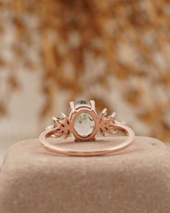 Oval Moss Agate Marquise Emerald And CZ Engagement Ring Back SIde