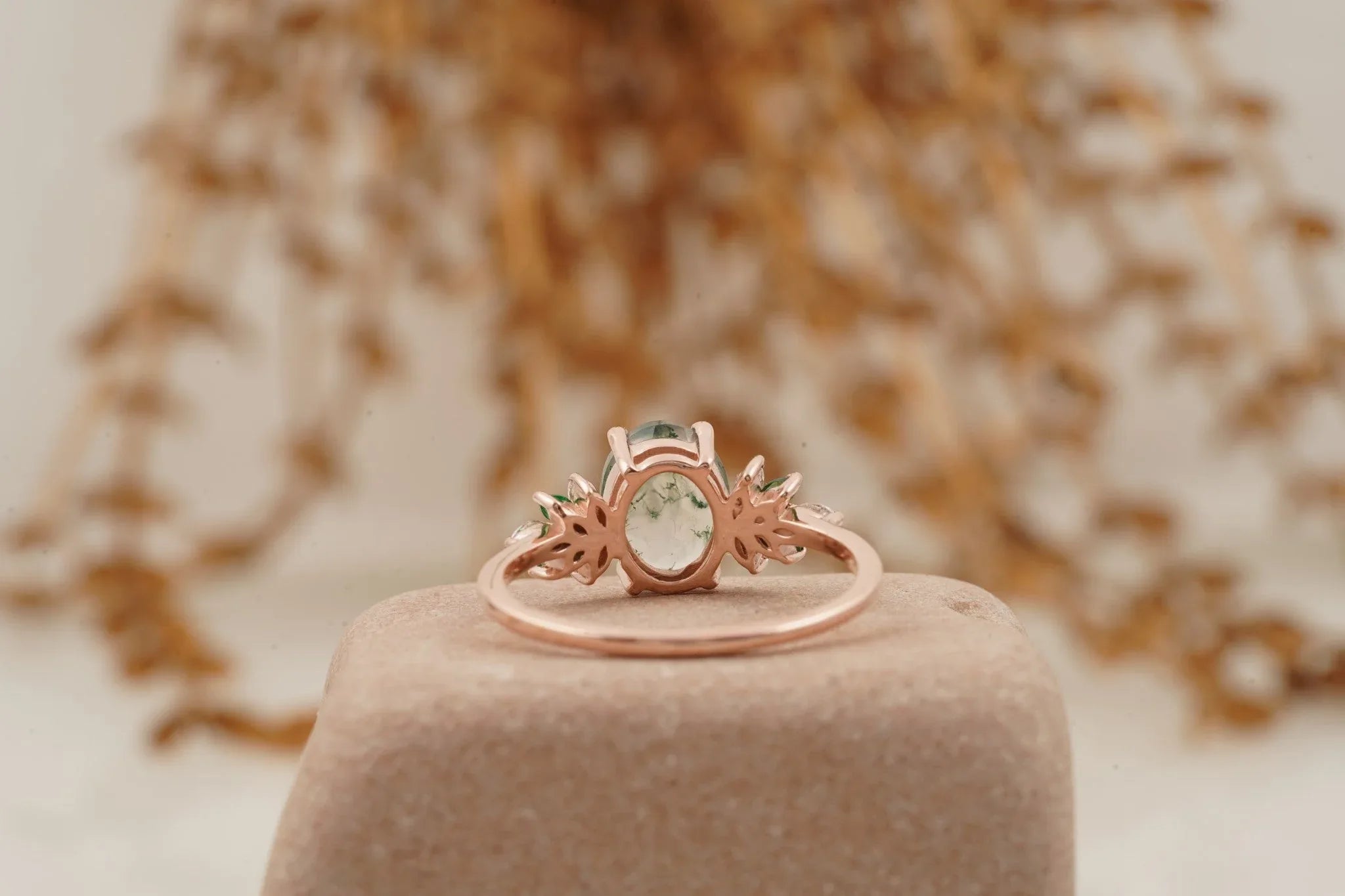 Oval Moss Agate Marquise Emerald And CZ Engagement Ring - Gigiscc