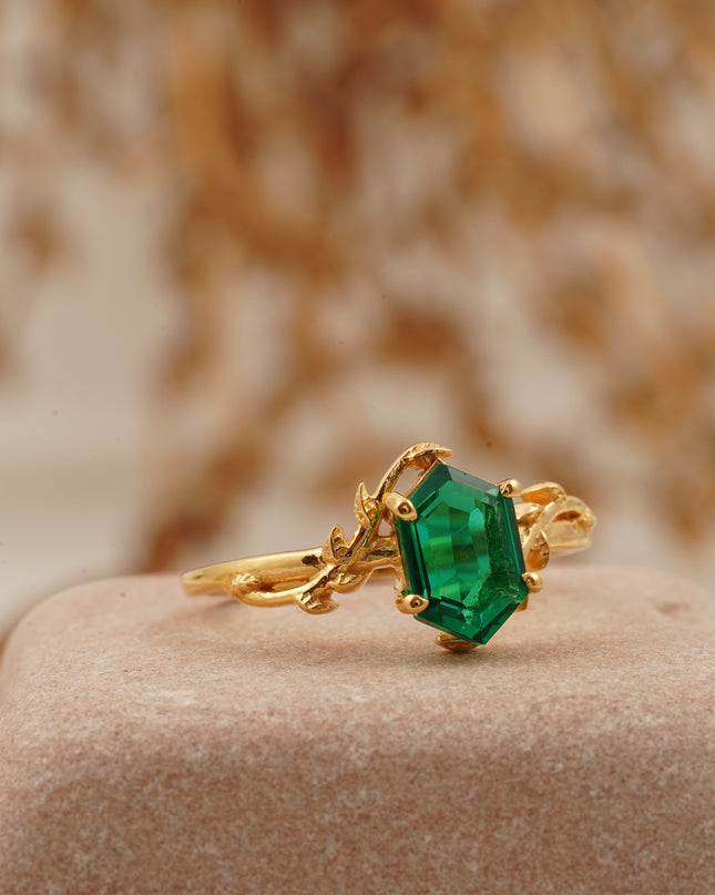 Emerald Hexagon Engagement Ring Right Side