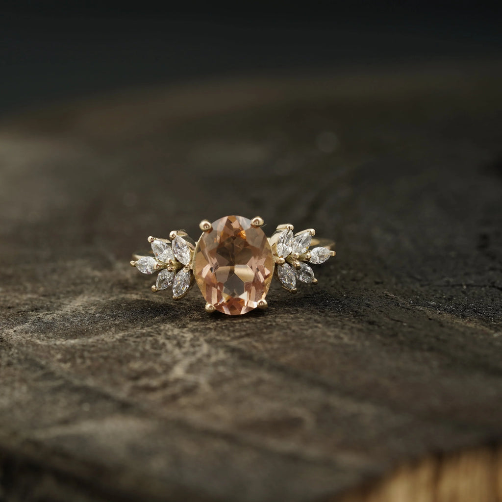 Oval Morganite Gemstone CZ Cluster Engagement Ring - Gigiscc