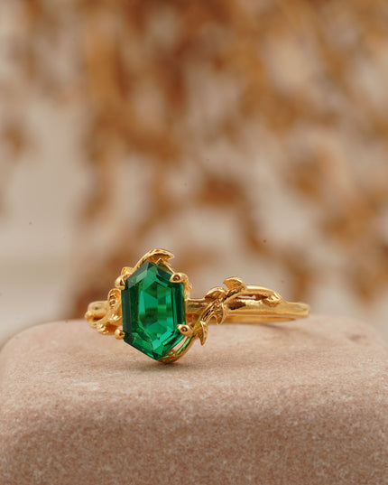 Emerald Hexagon Engagement Ring Left SIde