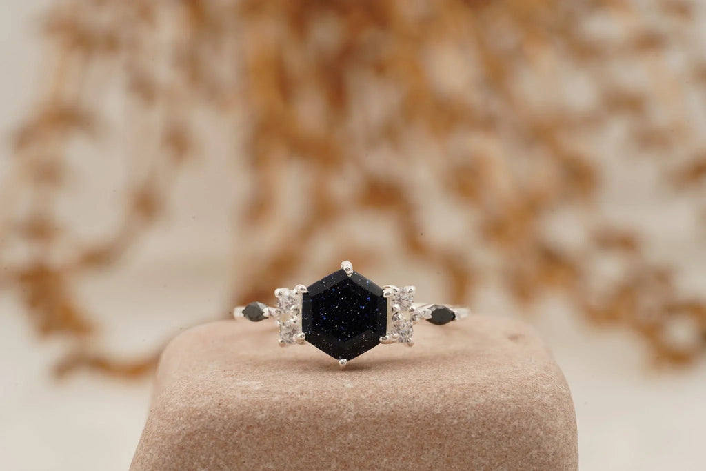 Hexagon Galaxy Blue Sandstone Engagement Ring - Gigiscc