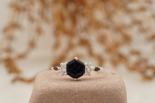Hexagon Galaxy Blue Sandstone Engagement Ring