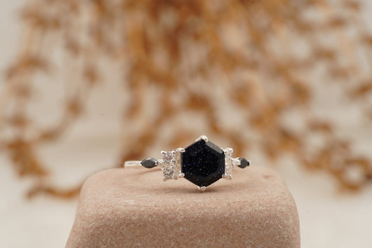 Hexagon Galaxy Blue Sandstone Engagement Ring Right Position
