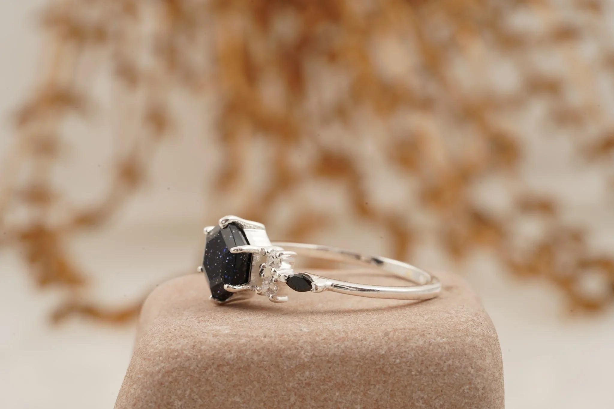 Hexagon Galaxy Blue Sandstone Engagement Ring - Gigiscc