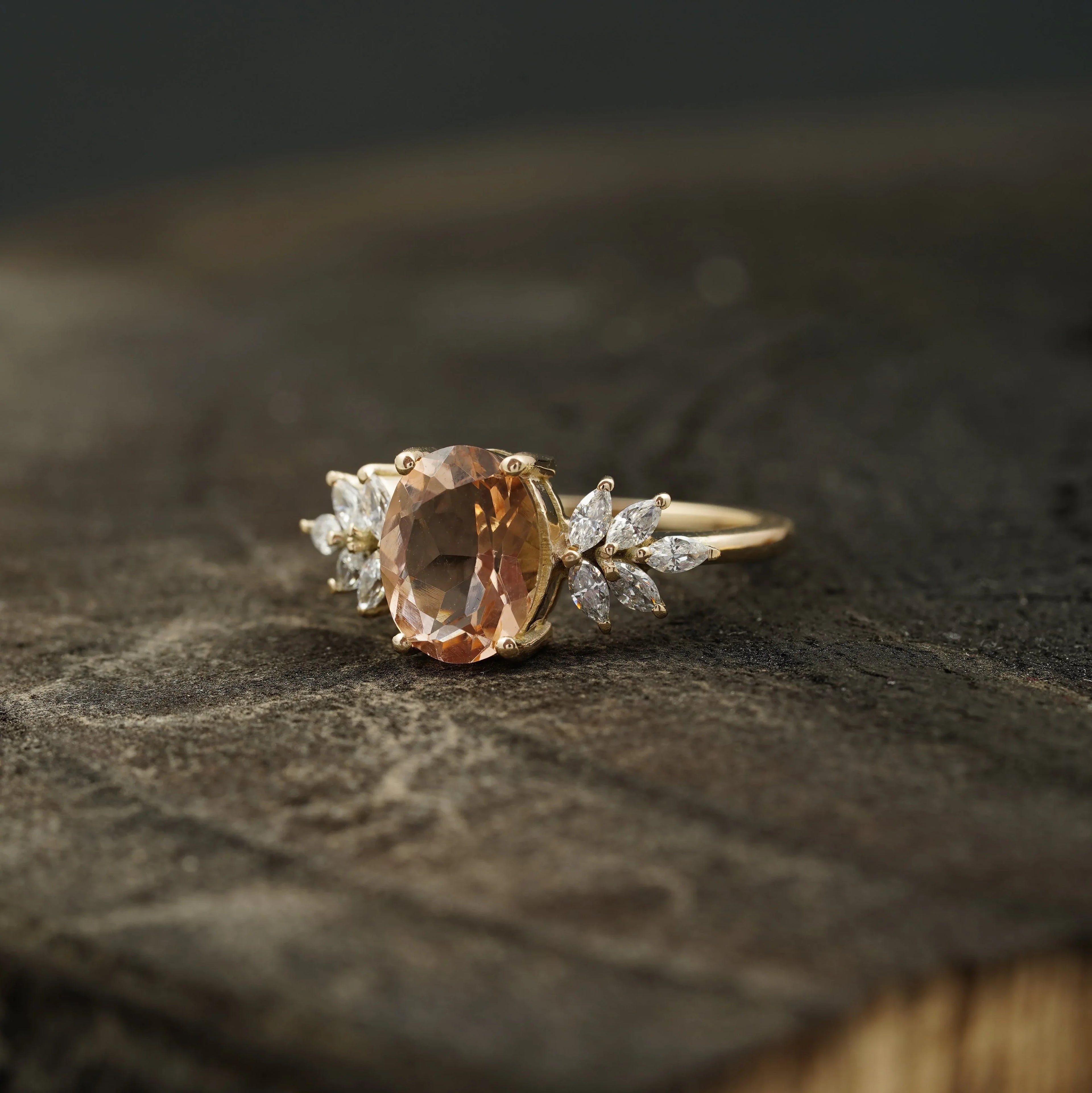 Oval Morganite Gemstone CZ Cluster Engagement Ring - Gigiscc