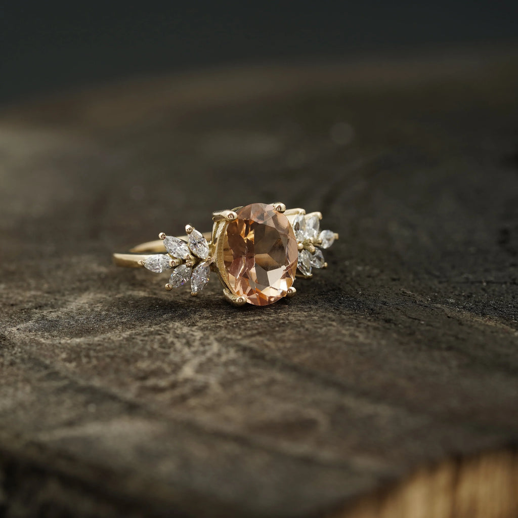 Oval Morganite Gemstone CZ Cluster Engagement Ring - Gigiscc