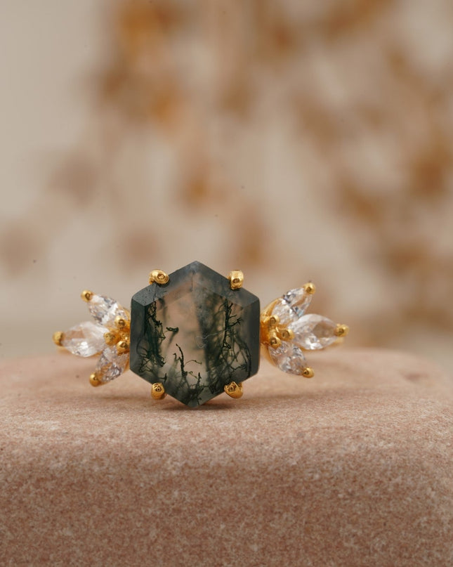 Moss Agate Hexagon Marquise CZ Engagement Ring
