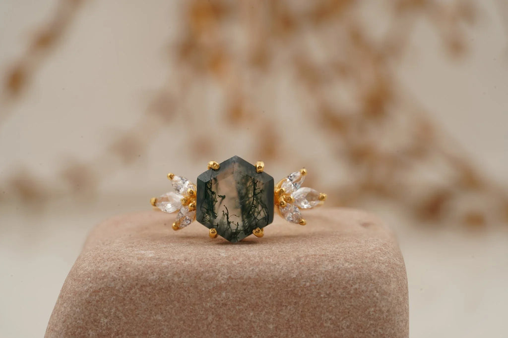 Hexagon Cut Moss Agate Marquise CZ Cluster Engagement Ring - Gigiscc