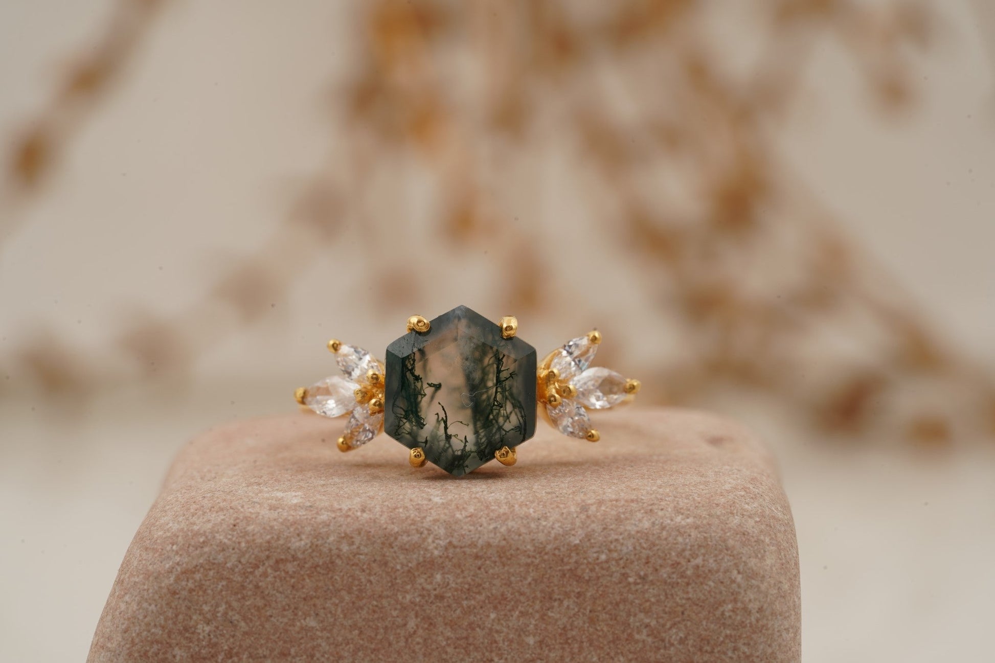 Moss Agate Hexagon Marquise CZ Engagement Ring