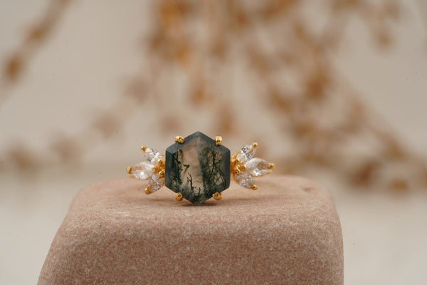 Moss Agate Hexagon Marquise CZ Engagement Ring