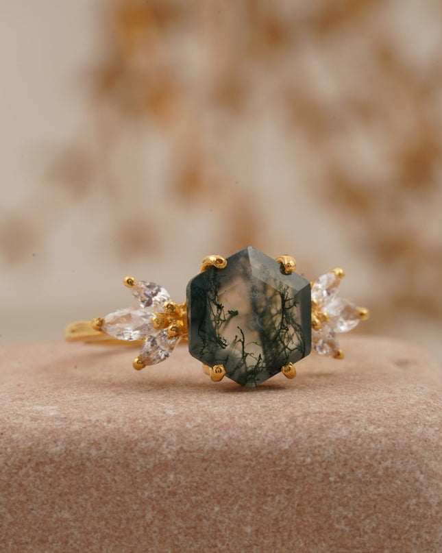 Moss Agate Hexagon Marquise CZ Engagement Ring Right Position