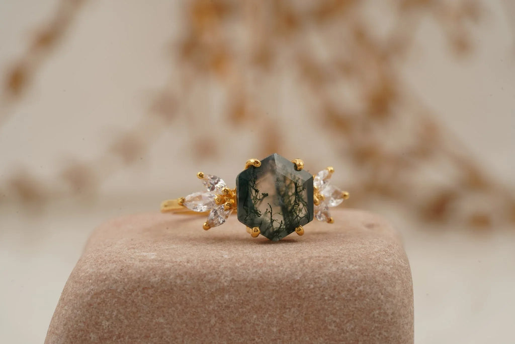 Hexagon Cut Moss Agate Marquise CZ Cluster Engagement Ring - Gigiscc