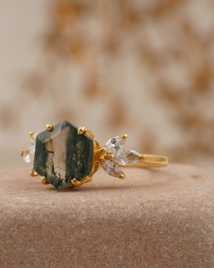 Moss Agate Hexagon Marquise CZ Engagement Ring Left Position