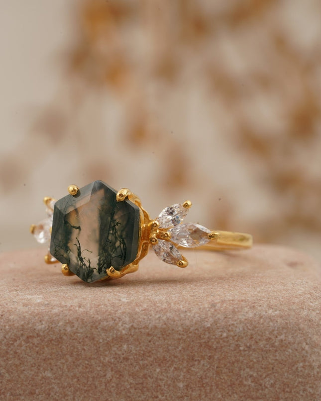 Moss Agate Hexagon Marquise CZ Engagement Ring Left Position
