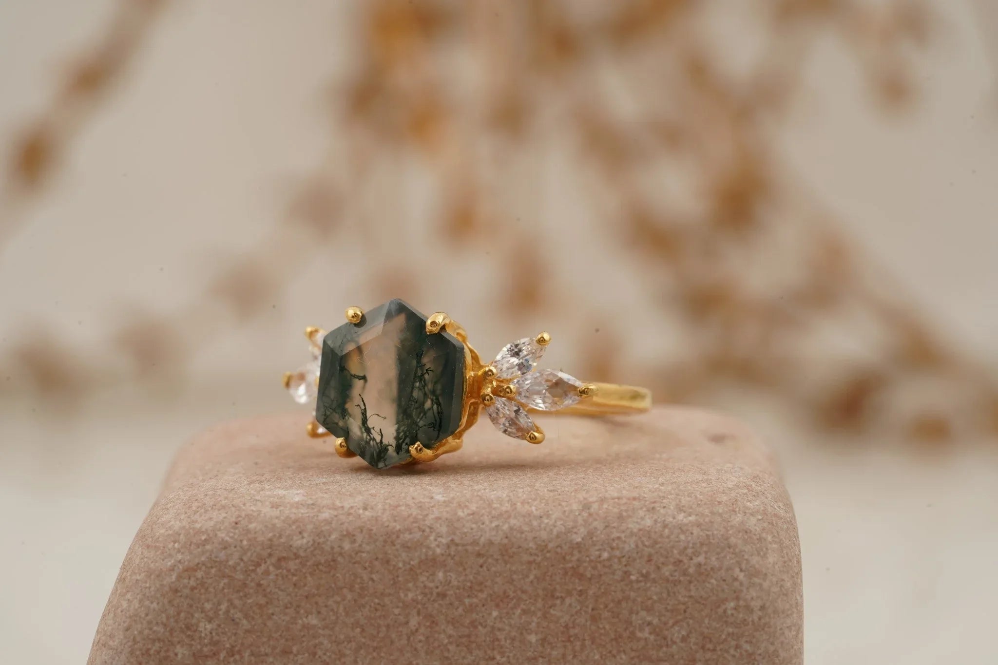 Hexagon Cut Moss Agate Marquise CZ Cluster Engagement Ring - Gigiscc