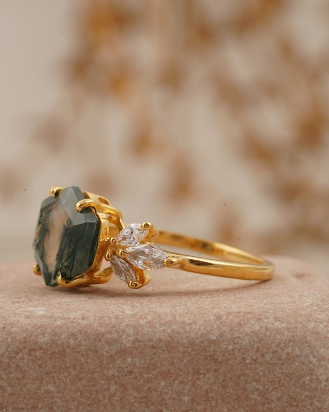 Moss Agate Hexagon Marquise CZ Engagement Ring Side Position