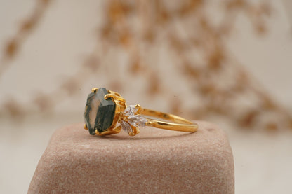 Moss Agate Hexagon Marquise CZ Engagement Ring Side Position