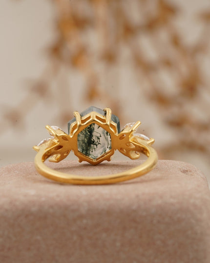 Moss Agate Hexagon Marquise CZ Engagement Ring Back SIde