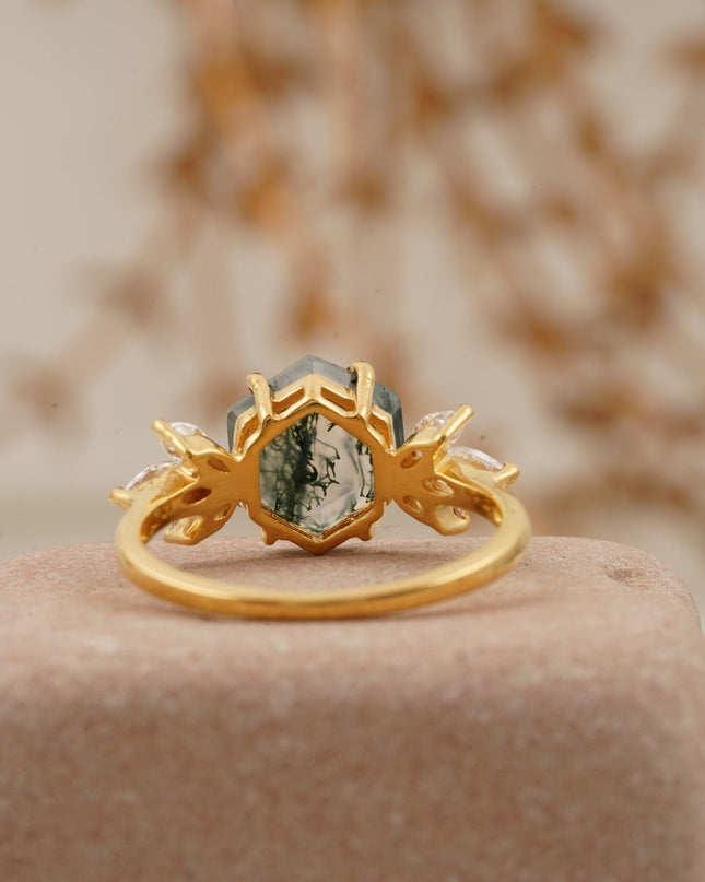 Moss Agate Hexagon Marquise CZ Engagement Ring Back SIde