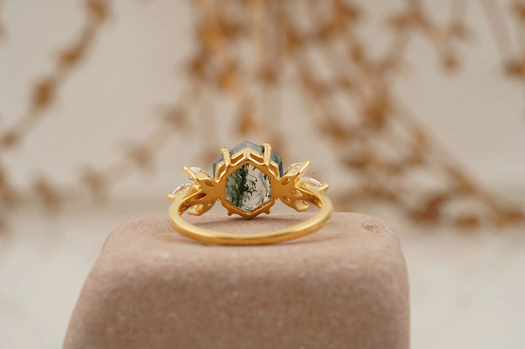 Hexagon Cut Moss Agate Marquise CZ Cluster Engagement Ring - Gigiscc
