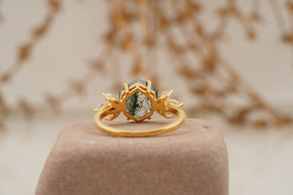 Moss Agate Hexagon Marquise CZ Engagement Ring Back SIde