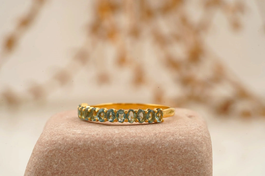 Oval Cut Aquamarine Stacking Wedding Band Solid Gold - Gigiscc